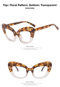 Detail view of cat eye anti-blue light glasses with leopard print and clear frame