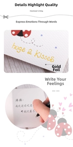 Detail of gold foil 'hugs & Kisses' text on ladybug greeting card with textured paper