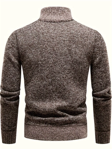 Detailed back view of a men's brown-grey knit sweater with warm bird-eye texture
