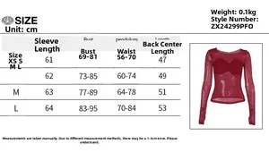 Size chart for mesh long sleeve top with detailed measurements in centimeters