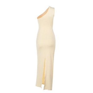 Rear view of cream one-shoulder dress with high back slit and slim-fit silhouette
