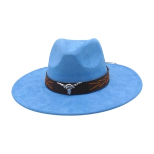Detail of sky blue wide brim fedora with brown leather band and silver bull head buckle