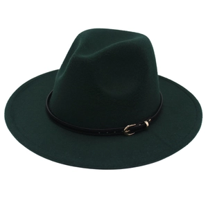 Detail of dark green wool fedora hat featuring a black leather belt with golden metal buckle