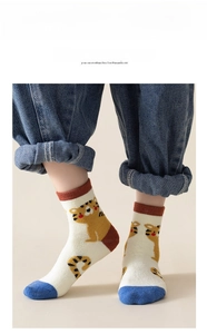 Detail of warm terry cotton kids socks with cute tiger pattern and contrast color blocks