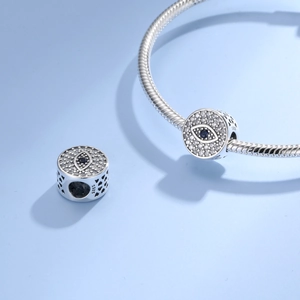 S925 silver Evil Eye charm with blue zircon and hollow heart details for bracelets