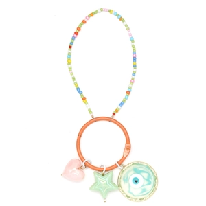 Colorful beaded phone strap featuring pink heart, green star, and evil eye charms