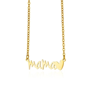 Close-up of gold-plated mama script pendant with a heart on an O-chain necklace