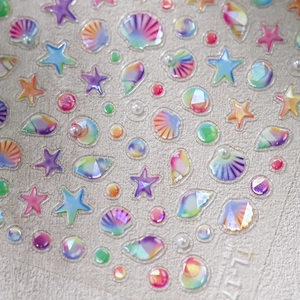 3D ocean-themed nail stickers with iridescent shells, starfish and pearls on TL-17 sheet