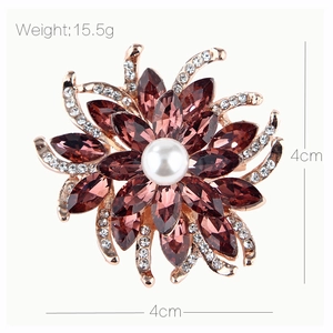 Elegant crystal flower brooch with purple gemstones and pearl, measuring 4cm by 4cm