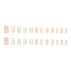 French tip press on nails in creamy white and nude pink with subtle glitter and swirl designs