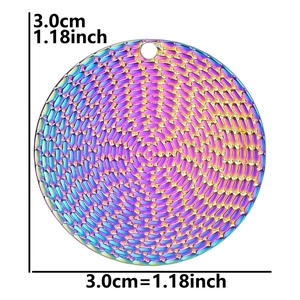 Macro detail of 3cm round stainless steel pendant with colorful scale texture