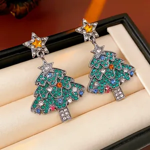 Vintage Christmas Tree Drop Earrings Alloy Colorful Rhinestone With 925 Sterling Silver Earring Post Star Top Women