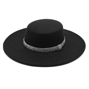 Classic black flat top wool boater hat with shimmering rhinestone band for men and women