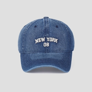 Detailed 3D New York 08 white embroidery on a washed dark blue denim baseball cap