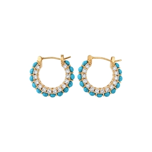 Vintage style gold plated hoop earrings with turquoise beads and clear zircons