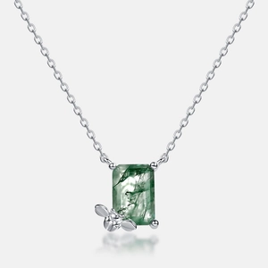 S925 silver necklace with green moss agate pendant and bee design on white background