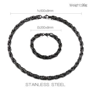 Vue détaillée de l'ensemble chaîne torsadée en acier avec dimensions du collier et bracelet
