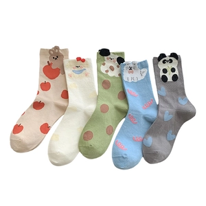 5-pair set of cute 3D cartoon mid-tube socks for women featuring animal patterns in cotton