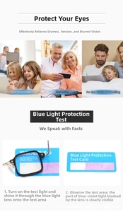 Detail showing blue light blocking test with visual card and UV light on stylish glasses