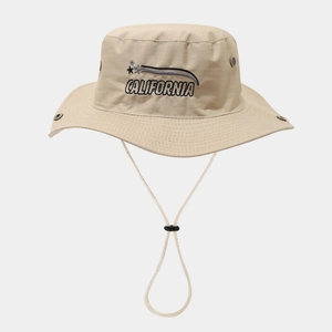 Detail of khaki wide-brim bucket hat with California embroidery and adjustable chin strap