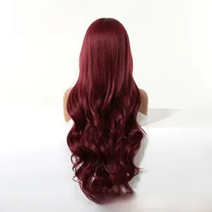 Rear view of a 30-inch long wavy burgundy wig on a mannequin with dense curls