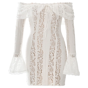 Elegant white lace off-shoulder long sleeve mini dress with ruched bodycon fit