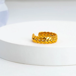 Minimalist gold wheat ear pattern open ring with polished titanium steel twisted texture