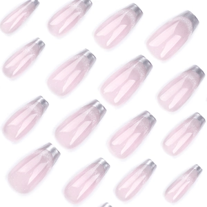 Pink cat eye coffin fake nails with silver mirror french tips and glitter finish