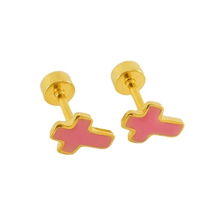 Detail of pink enamel cross stud earrings with secure screw back and golden finish