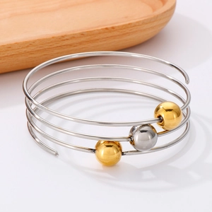 Minimalist silver stainless steel multi-layer spiral bracelet with gold decorative beads
