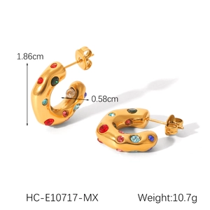 Detail view of 18K gold plated C-shape earrings with colorful zircon stones and dimensions