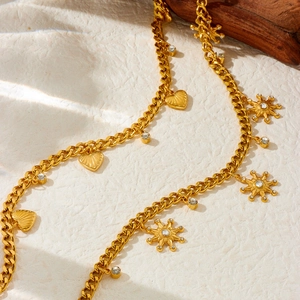 Gold stainless steel thick link chain necklace with heart and rhinestone sun pendants