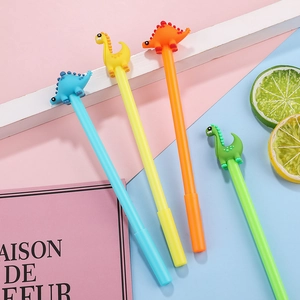 Set of four cute dinosaur-topped gel pens in blue, yellow, orange, and green colors