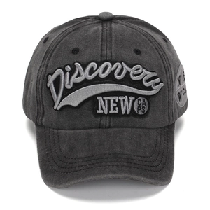 Detailed embroidery and washed cotton texture of this vintage dark grey baseball cap