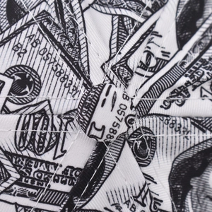 Close-up of baseball cap crown with dollar bill print fabric and centered top button
