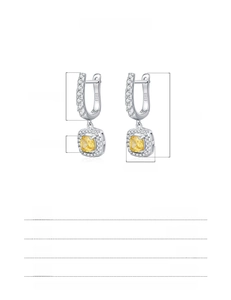 Detailed size parameters of S925 silver square yellow gem earrings with measurements