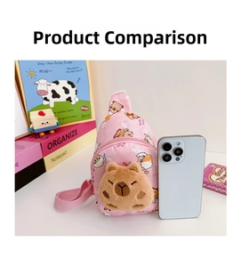 Rosafarbene Kinder-Brusttasche mit Plüsch-Capybara neben einem Smartphone gezeigt