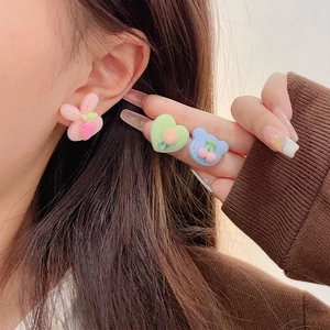 Cute plush cartoon earring set featuring pink bunny, green heart and blue bear studs