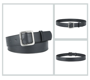 Close-up of black leather belt with a rectangular silver buckle from multiple angles