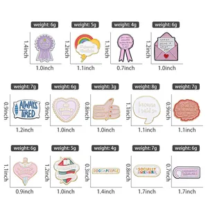Size chart showing dimensions and weight for various enamel pins and metal badges