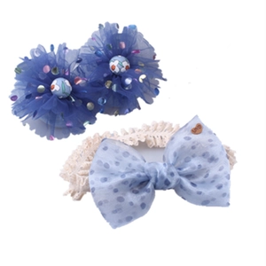 Blue sequin mesh hair clips and light blue polka dot bow headband set for baby girls