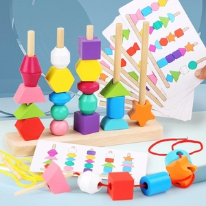 Montessori wooden puzzle toy set with colorful geometric blocks and lacing strings