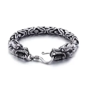 Men Double Dragon Head Bracelet Stainless Steel Retro Byzantine Chain Punk Rock Gothic Biker Jewelry