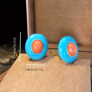 French vintage oval blue and orange enamel earrings with 2cm x 1.8cm size measurements