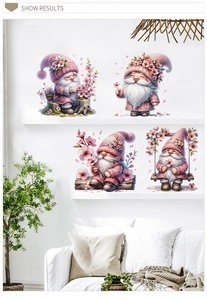 Set di quattro adesivi gnomo rosa con cappelli floreali e barbe bianche su una mensola