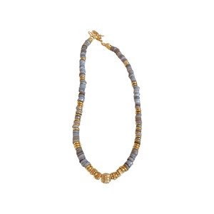 Vintage style beaded necklace with natural grey stone discs and golden spherical metal beads