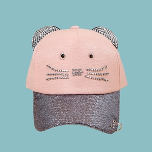 Cute Cat Ears Baseball Cap Pink Fabric With Rhinestone Whisker Glitter Visor Peaked Hat Metal Rings Decoration