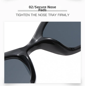Macro detail of high-quality reinforced nose pads on these black thick frame sunglasses