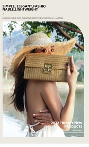 Detail of beige straw clutch bag with gold buckle in an outdoor summer setting