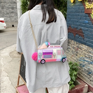 Creative ice cream truck shaped crossbody bag with colorful laser finish and chain strap